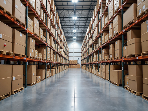 电商平台仓库货架,整齐堆放箱包商品,物流打包区域,电商仓储环境