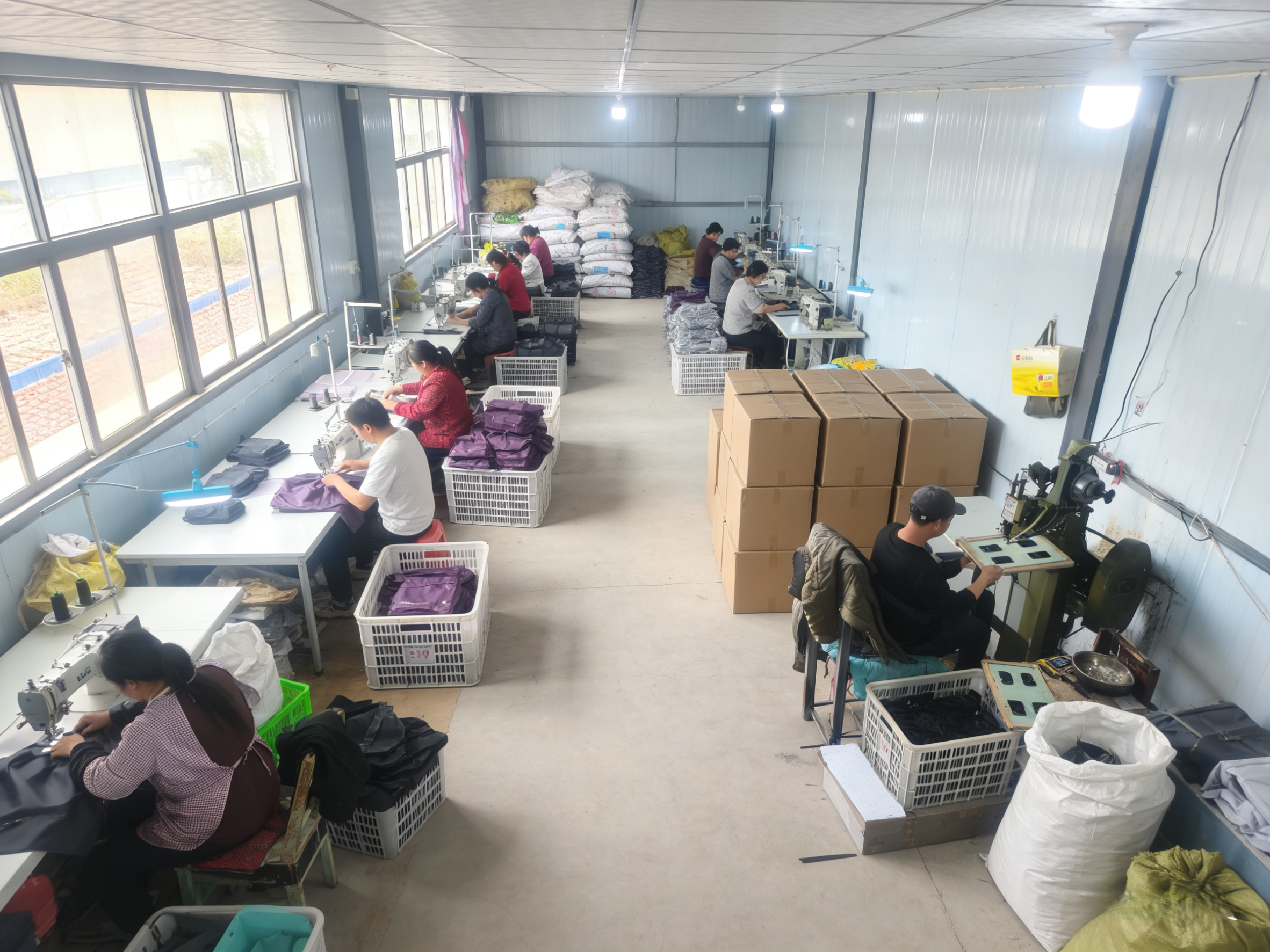 现代化箱包生产车间,配备先进设备,工人正在操作机器进行生产作业,明亮整洁的厂房环境