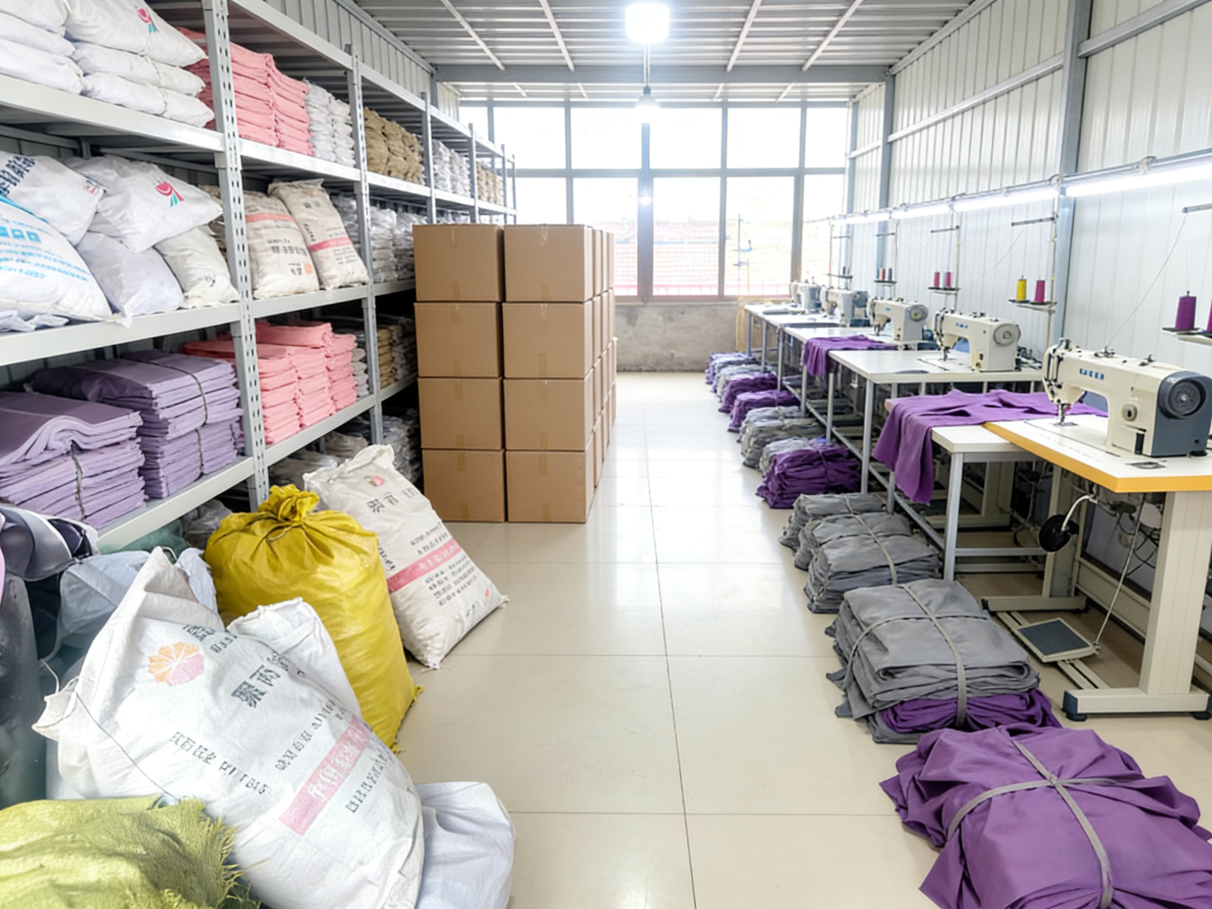 现代化箱包生产车间,配备先进设备,工人正在操作机器进行生产作业,明亮整洁的厂房环境